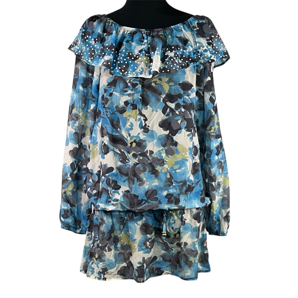 St. John Blue Green Flounce Ruffle Silk Sheer Floral Tunic with Sequins